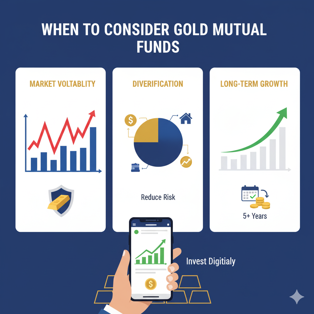 Indian woman holding gold jewelry and smartphone screen showing gold mutual fund NAV comparison.
