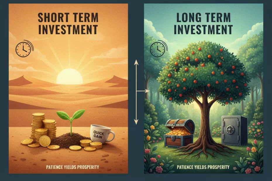 A comparison chart illustrating short-term versus long-term investment strategies in mutual funds and SIPs for beginner investors in India.